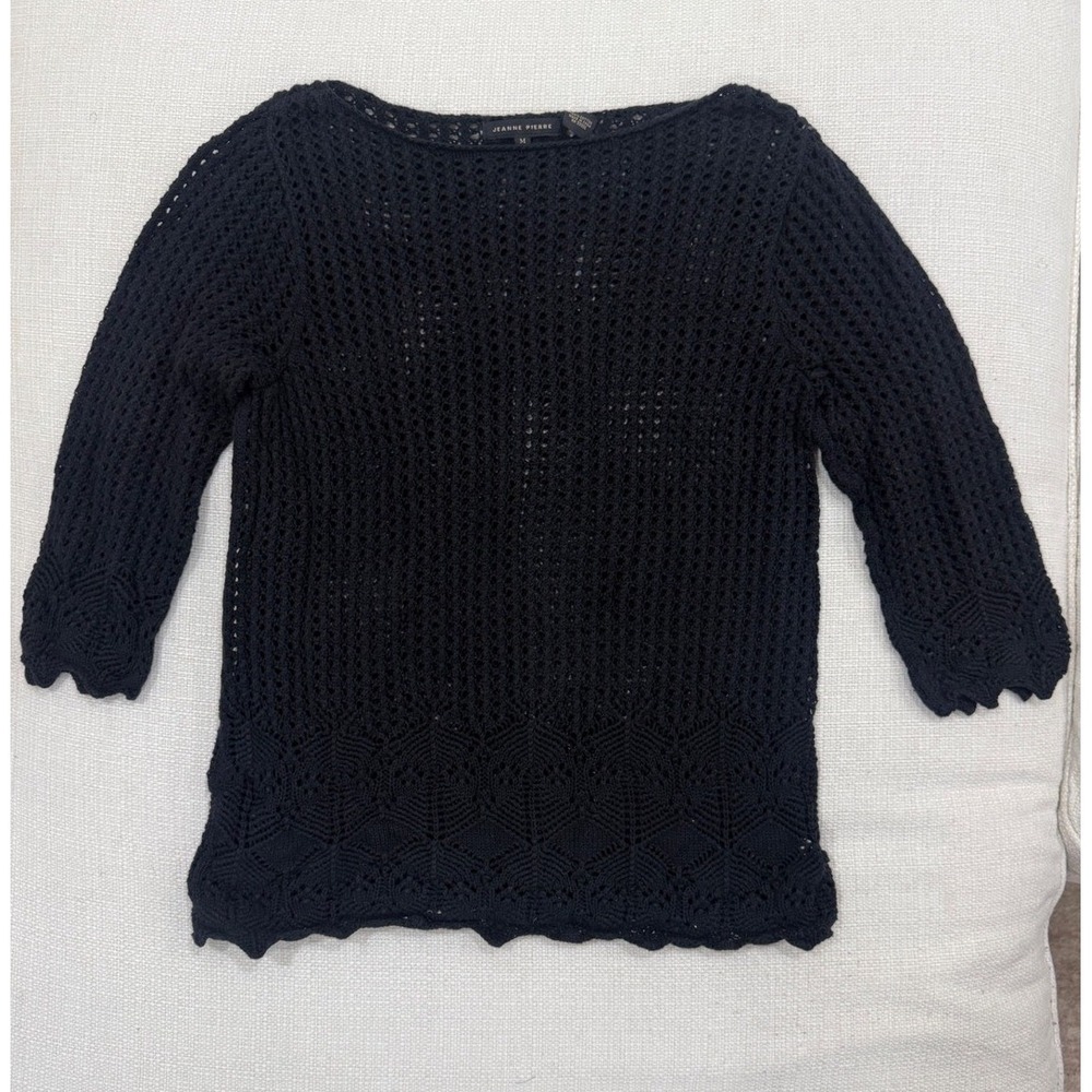 Jeanne Pierre Sweater Womens Medium Black Pointelle Scalloped Cotton Excellent